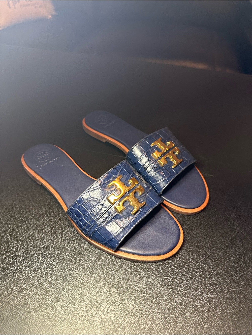 Tory Burch Navy Leather Embossed Slide Sandal size 6.5